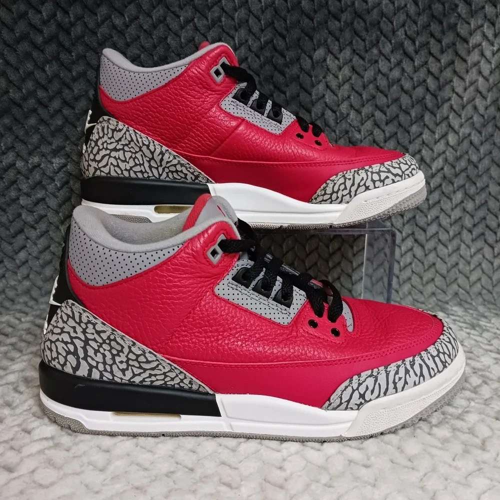 Jordan 3 Retro SE Mid Unite GS Fire Red Cement Grey Leather Sneakers Shoes Sz 7Y